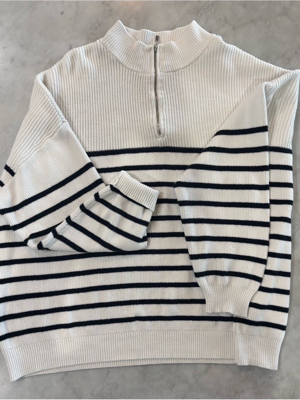 Mango Women's 2X White Half-Zip Sweater Jumper with Black Stripes